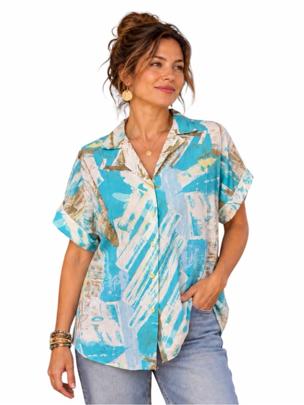 Vintage Giovelli Medium Blue & White Abstract Short Sleeve Button Front Shirt